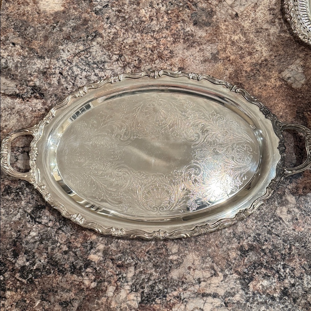 1883 F.B. ROGERS SILVER CO. OVAL SERVING TRAY WITH HANDLES, #6003, CARTOUCHE - Picture 2 of 7
